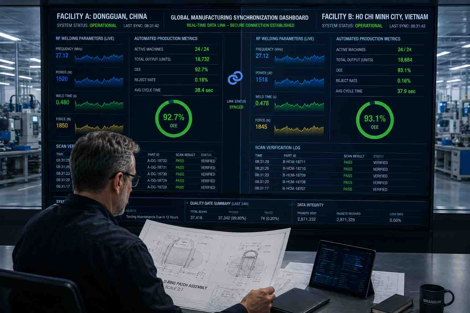 Synchronized digital supply chain control dashboard managing cross-border engineering parameters between China and Vietnam manufacturing facilities.