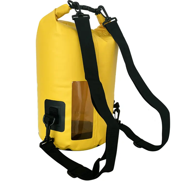 Roll top dry bag with welded transparent PVC viewing window showing contents inside