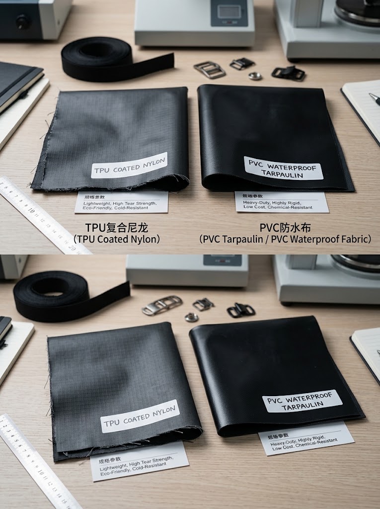 Close-up of TPU-laminated nylon and PVC tarpaulin swatches used for bike and motorcycle bags